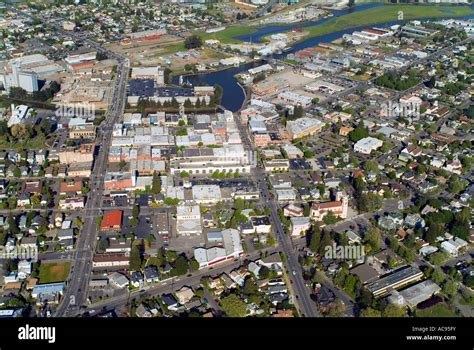 aerial view above City of Petaluma California Petaluma River in the ...