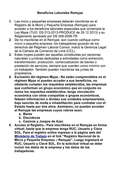 Beneficios Laborales Remype Las Micro Y Peque As Empresas Deber N