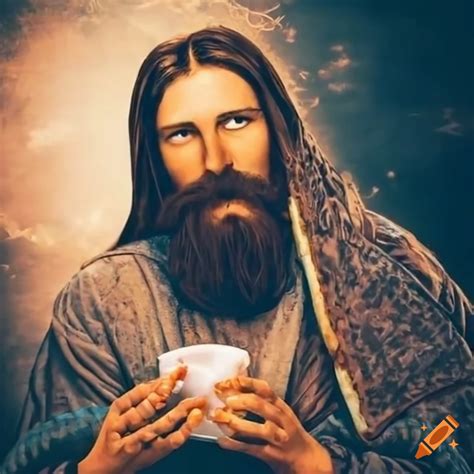 Hipster Jesus Eating Waffles At A Restaurant