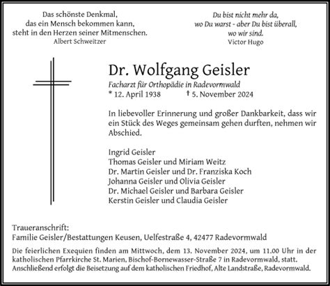 Alle Traueranzeigen für Wolfgang Geisler trauer rp online de