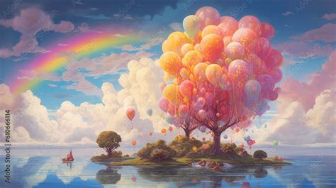 An ethereal and dreamy scene with a rainbow-colored sky and floating LGBTI symbols, conveying a ...