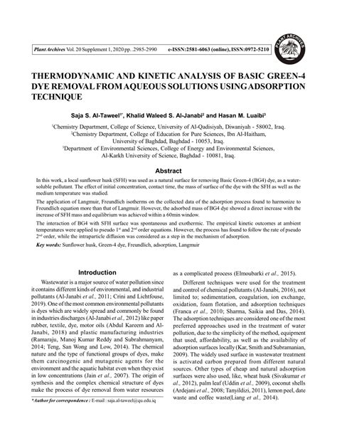 Pdf Thermodynamic And Kinetic Analysis Of Basic Green 4 Dye Removal From Aqueous Solutions