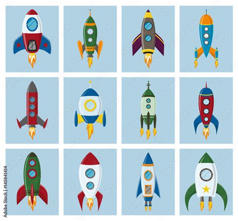 Vector retro space rocket ship icon set in a flat style. Design elements for background with ...