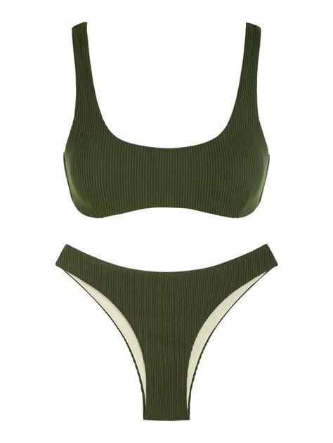 Ribbed Tank Style Cheeky Bikini Swimwear In DEEP GREEN ZAFUL