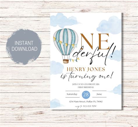 Onederful HOT AIR BALLOON Invitation Template Isn T He Onederful 1st Birthday Invitation