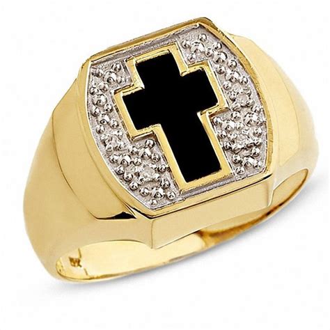 Zales Mens Onyx Cross Ring In 10k Gold With Diamond Accents Black