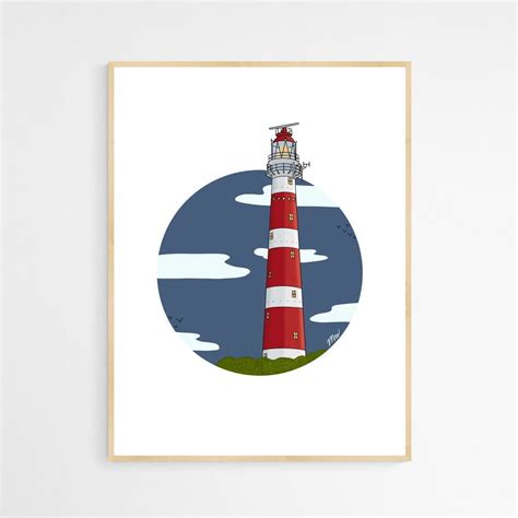 Vuurtoren Ameland Bornrif Poster Handgetekend Door Art Studio Jet