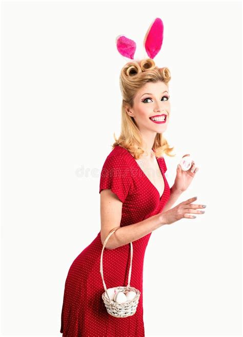 Model Dressed In Costume Easter Bunny White Background Stock Image