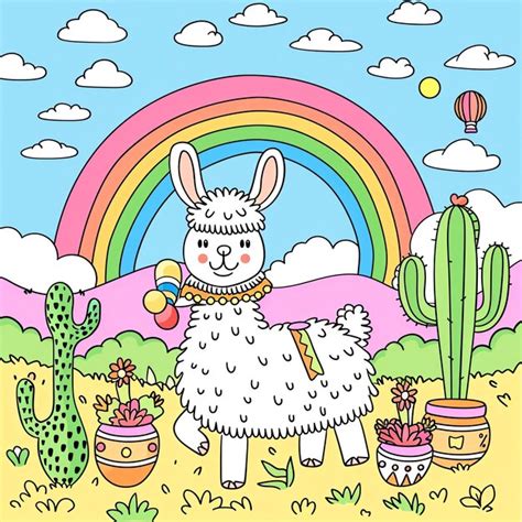 A Cartoon Of A Llama With A Rainbow In The Background Premium Ai