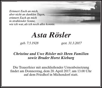 Traueranzeigen Von Asta R Sler Trauer Anzeigen De