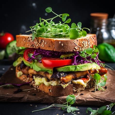 Premium Photo Vegan Sandwich With Tofu Hummus Avocado Tomato And Sprouts