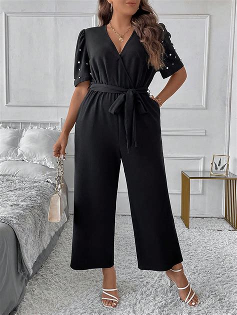 SHEIN Clasi Plus Pearls Beaded Puff Sleeve Belted Wide Leg Jumpsuit