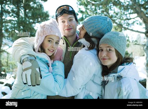 Young Friends Wearing Winter Clothing Portrait Stock Photo Alamy