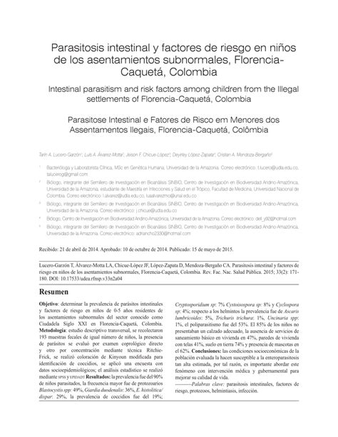 Pdf Parasitosis Intestinal Y Factores De Riesgo En Niños De Los Asentamientos Subnormales