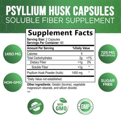 High Absorption Psyllium Husk Capsules 1450mg Soluble Fiber Supplement 120 Capsules 120