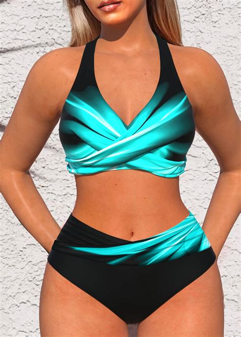 Rotita Surplice Tie Cyan Ombre Bikini Set Rotita Usd