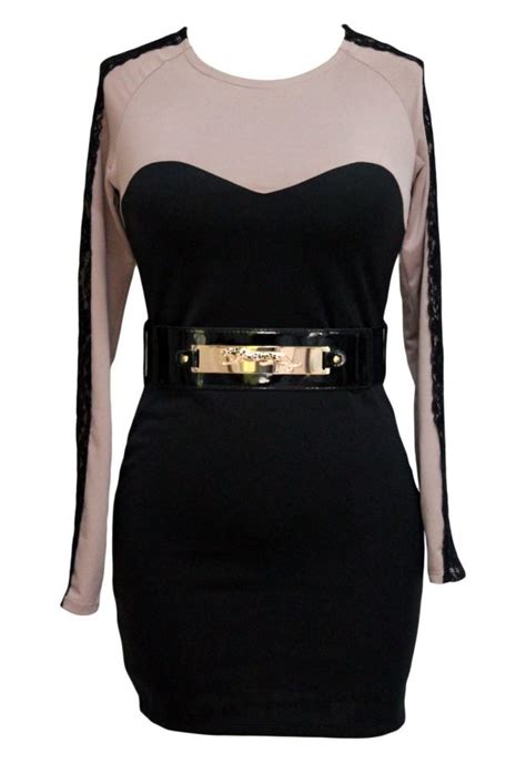 Belted Lace Trimmed Long Sleeve Tight Black Dress Online Store For