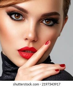 Beautiful Brunette Girl Red Lips Short Stock Photo 2197343917 Shutterstock