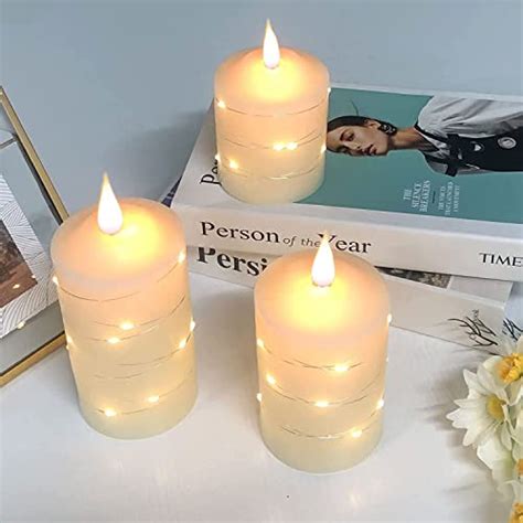 Flameless Battery Operated Led Candles With Embedded String Lights 3 Pack Flickering Electric