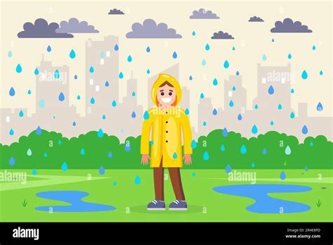 A Man In A Yellow Raincoat On The Street In The Rain Flat Vector