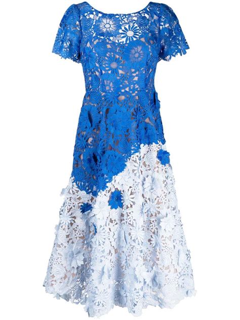 Marchesa Dahlia Guipure Lace Midi Dress Blue Editorialist