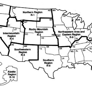 State boundaries and USDA Forest Service Regions. | Download Scientific ...