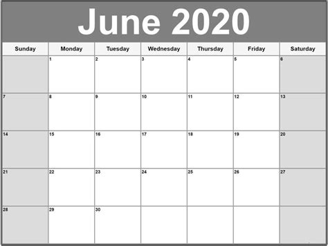 June 2020 Blank Calendar Template Calendar Template Calendar