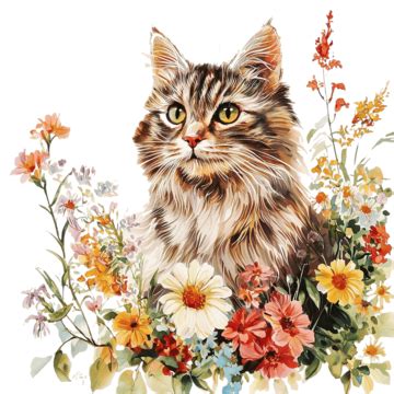 Gato Elegante En Ambiente Floral Png Dibujos Gato Flores Mascota Png