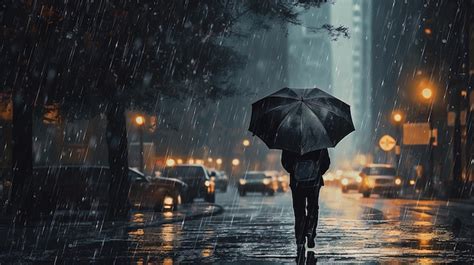 Premium AI Image | A photo of a man with an umbrella in the middle of heavy rain generated by AI