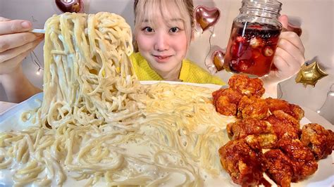 Asmr チーズクリームパスタ 激辛ブルダックチキン Cheese Cream Pasta Spicy Chicken【日本語字幕】【咀嚼音