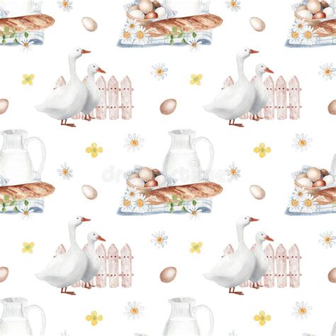 Watercolor Hand Drawn Rural Seamless Pattern With Hen Goose And Eggs