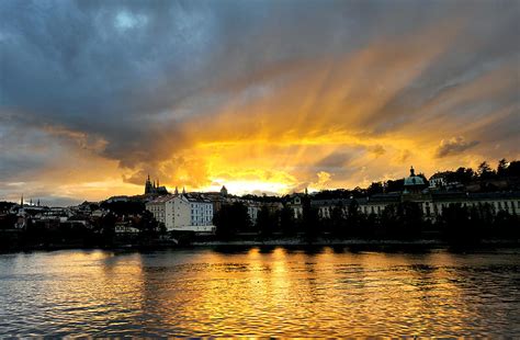 The Sunset Over The Prague Castle Prague Czech Republic Europe A