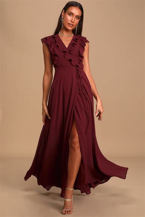 Stunning Burgundy Gown Ruffled Maxi Dress Ruffled Wrap Dress Lulus