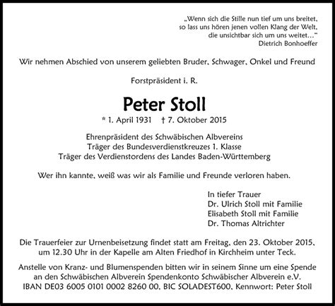 Traueranzeigen Von Peter Stoll Stuttgart Gedenkt De