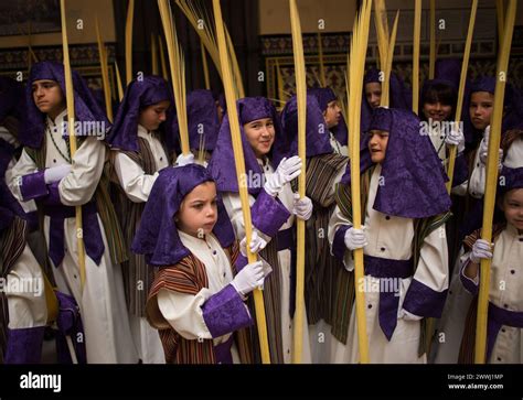 March 24 2024 Malaga Spain Penitents From Pollinica Brotherhood