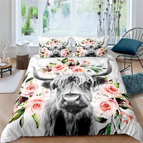 Highland Cow Flower Duvet Cover Queen Size Bull Cattle