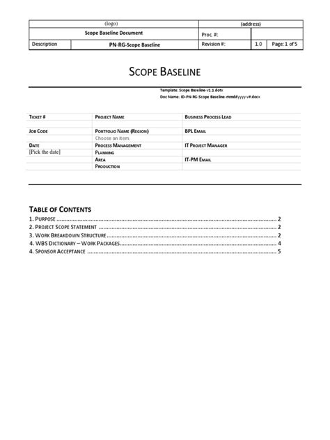 Scope Baseline Template Business Information Technology Management