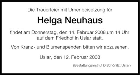 Traueranzeigen Von Helga Neuhaus Trauer Hna De