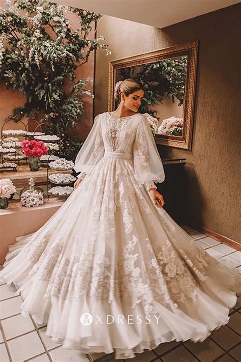 Romantic Floral Lace Tulle Long Sleeve Wedding Dress Xdressy