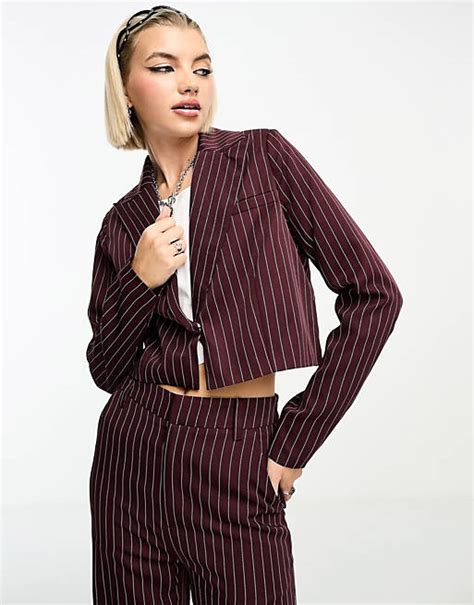 Heartbreak Pinstripe Cropped Blazer Co Ord In Burgundy Asos