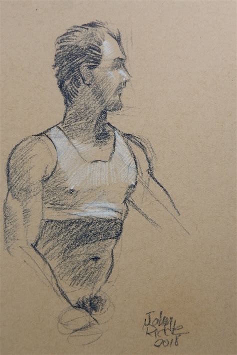 Charcoal Pencil Drawing Of A Male Nude In A Seated Pose He Wears A T