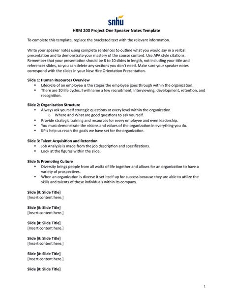 Project Speaker Notes Hrm Project One Speaker Notes Template To