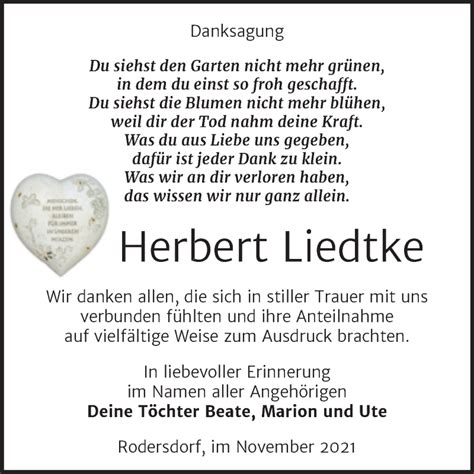 Traueranzeigen Von Herbert Liedtke Abschied Nehmen De