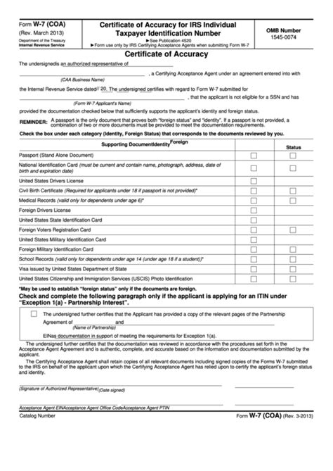 Fillable Form W Coa Certificate Of Accuracy For Irs Individual