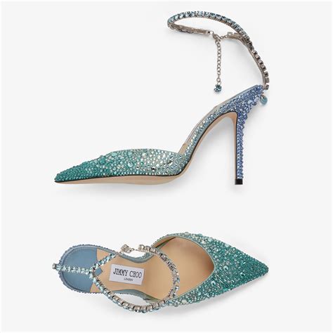 JIMMY CHOO Saeda 100 Peacock Satin Pumps With Crystal Embellishment