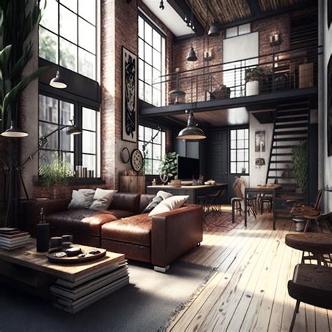 Premium Photo Industrial Style Living Room Loft Generative Ai