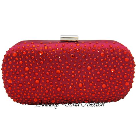 Fuchsia Pink Satin Evening Bag Crystal Clutch Purse