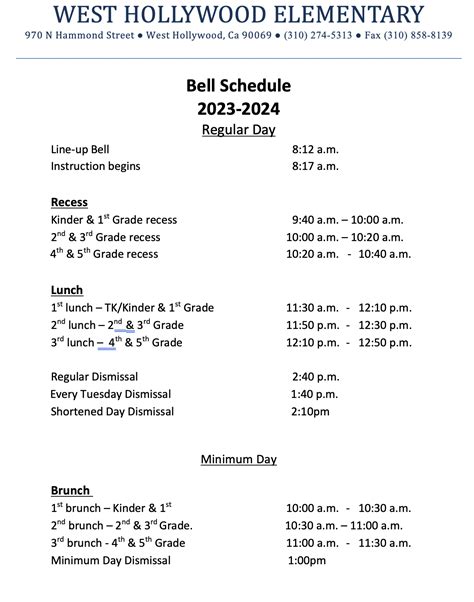 Bell Schedule Our School West Hollywood Elementary