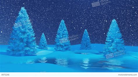 Winter Night Landscape With Firs And Frozen Lake At Snowfall Stock ...