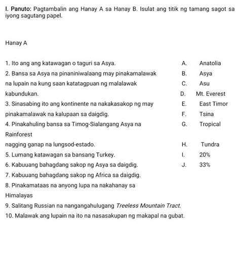 I Panuto Pagtambalin Ang Hanay A Sa Hanay B Isulat Ang Titik Ng